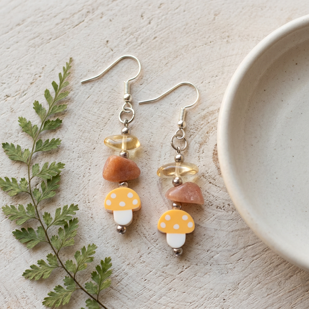 Magical Journey earrings styled on natural wood