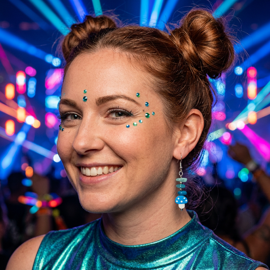 Model with space buns wearing Blue Mushroom earrings