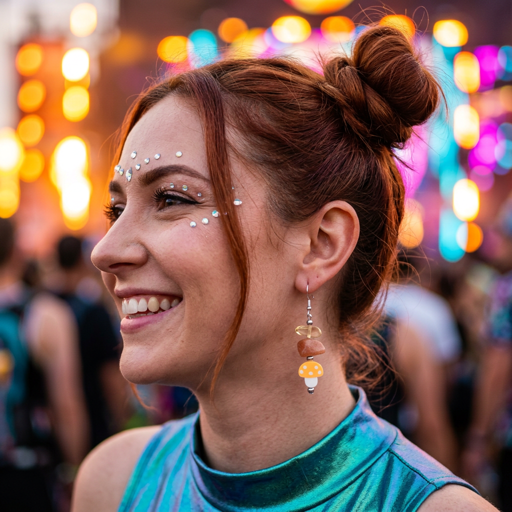 Model with space buns wearing Magical Journey earrings