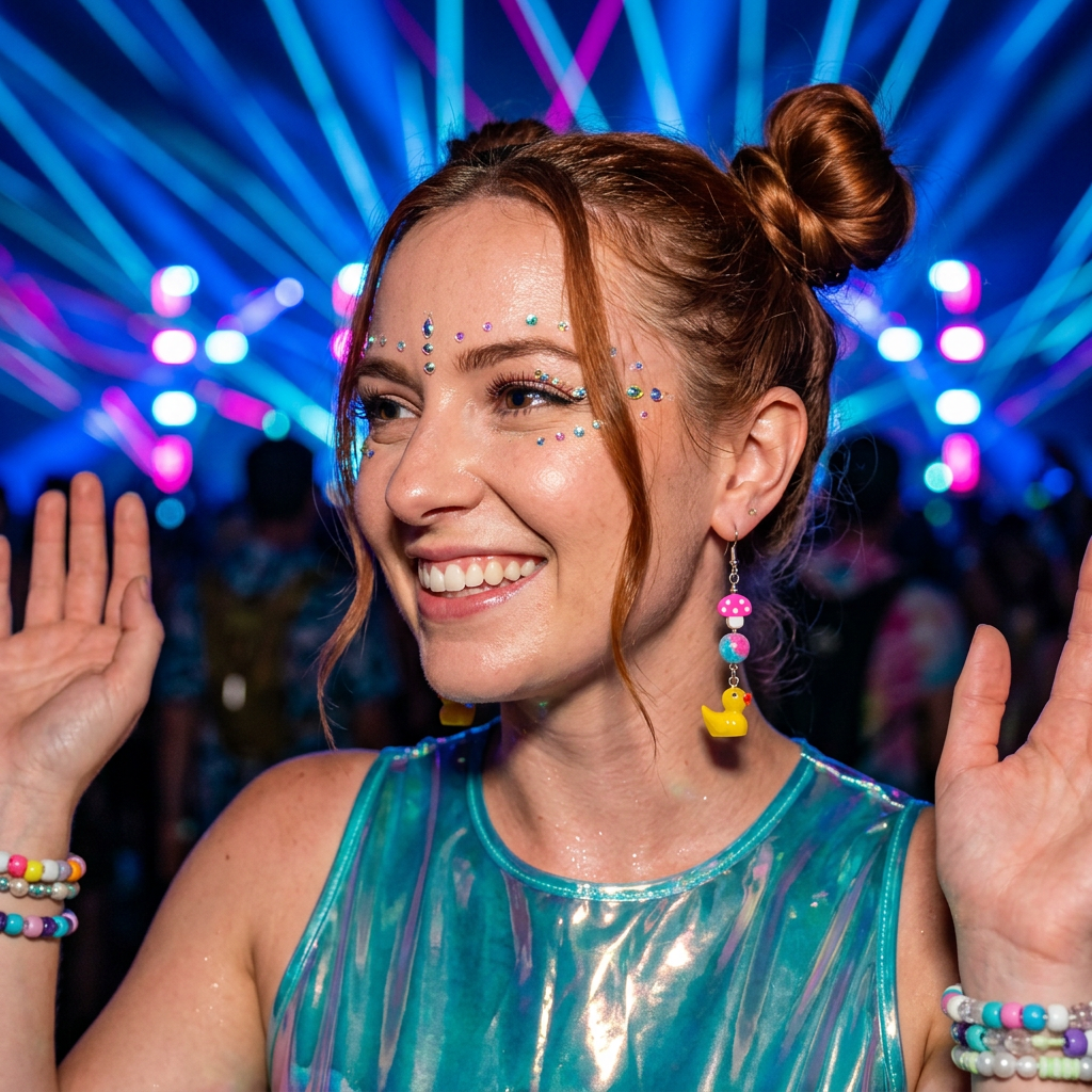 Model with space buns wearing Rubber Duckies earrings at a festival