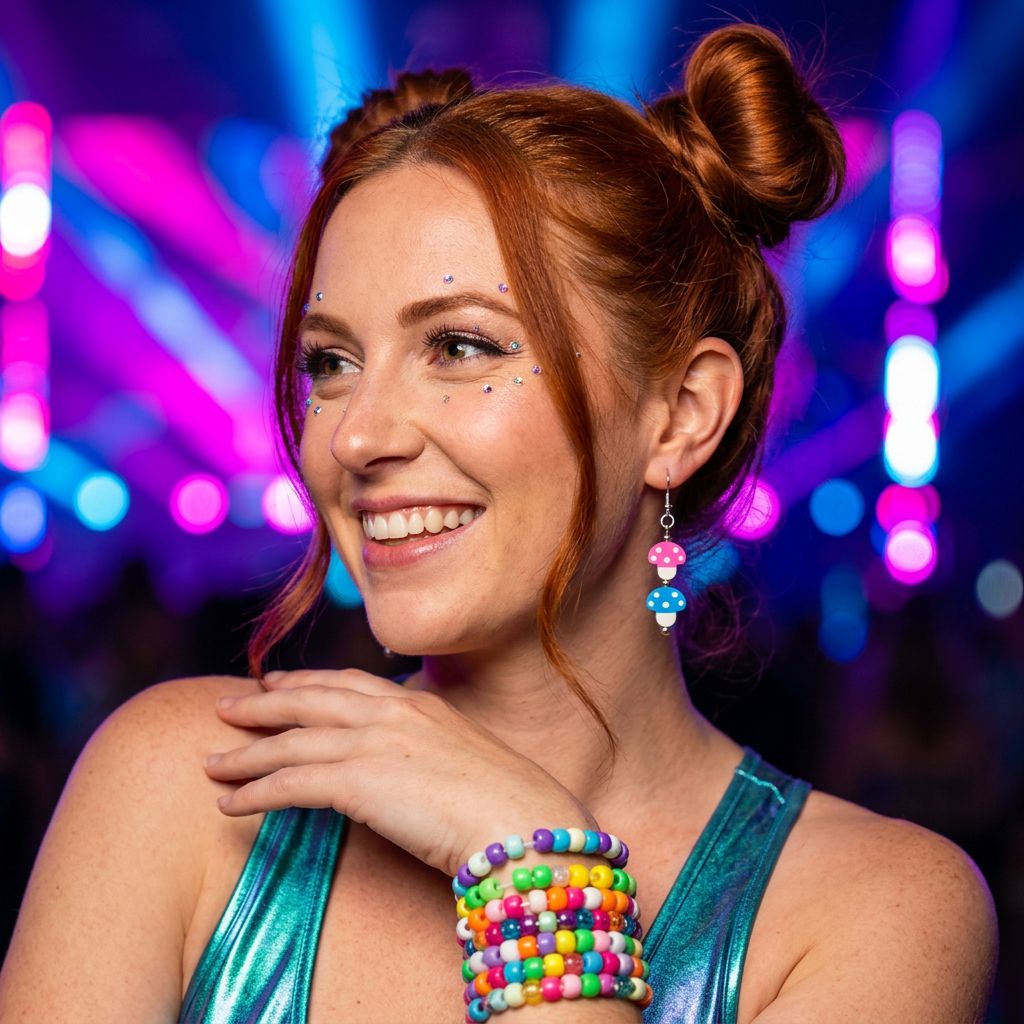 Model with space buns wearing Twin Mushroom earrings in a vibrant festival setting