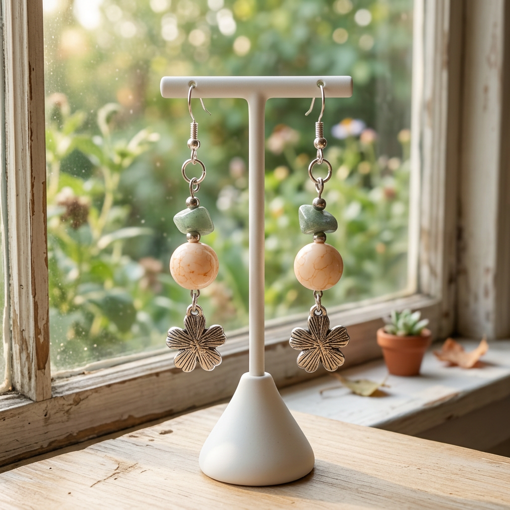 Moss and Stone Blossom earrings hanging on a jewelry stand