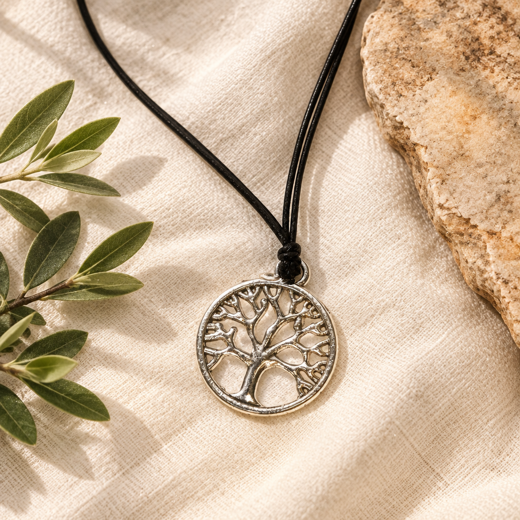 Necklace styled on ivory linen with greenery