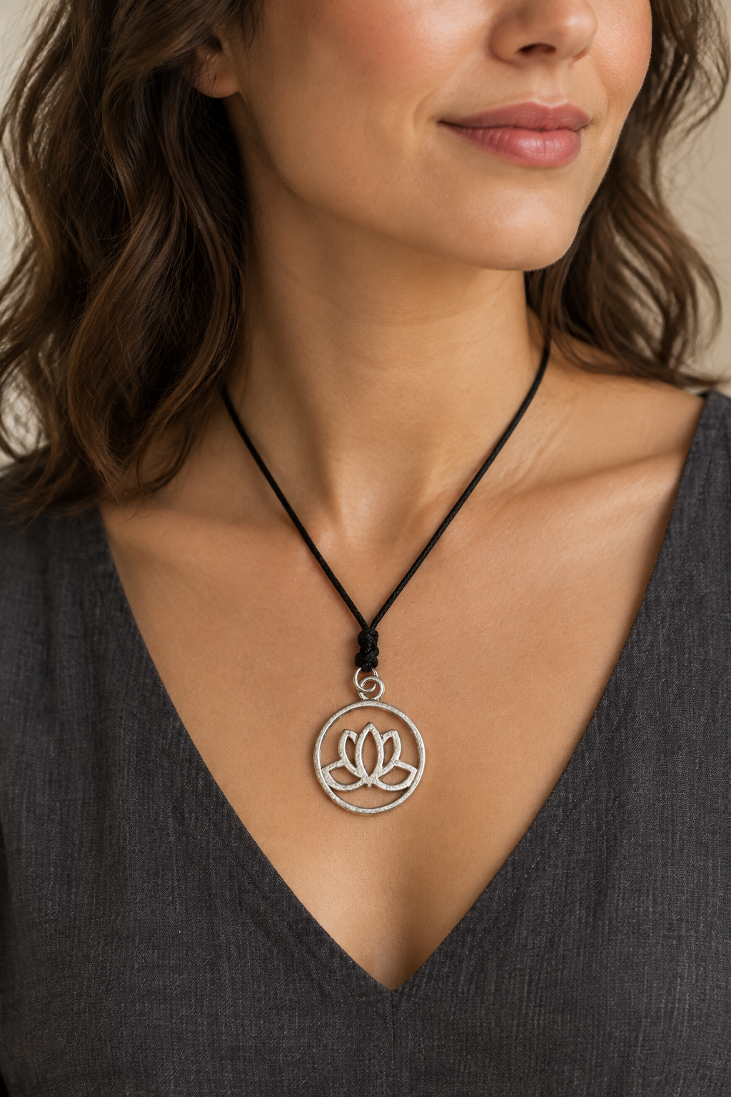 Necklace worn by a model in soft studio light
