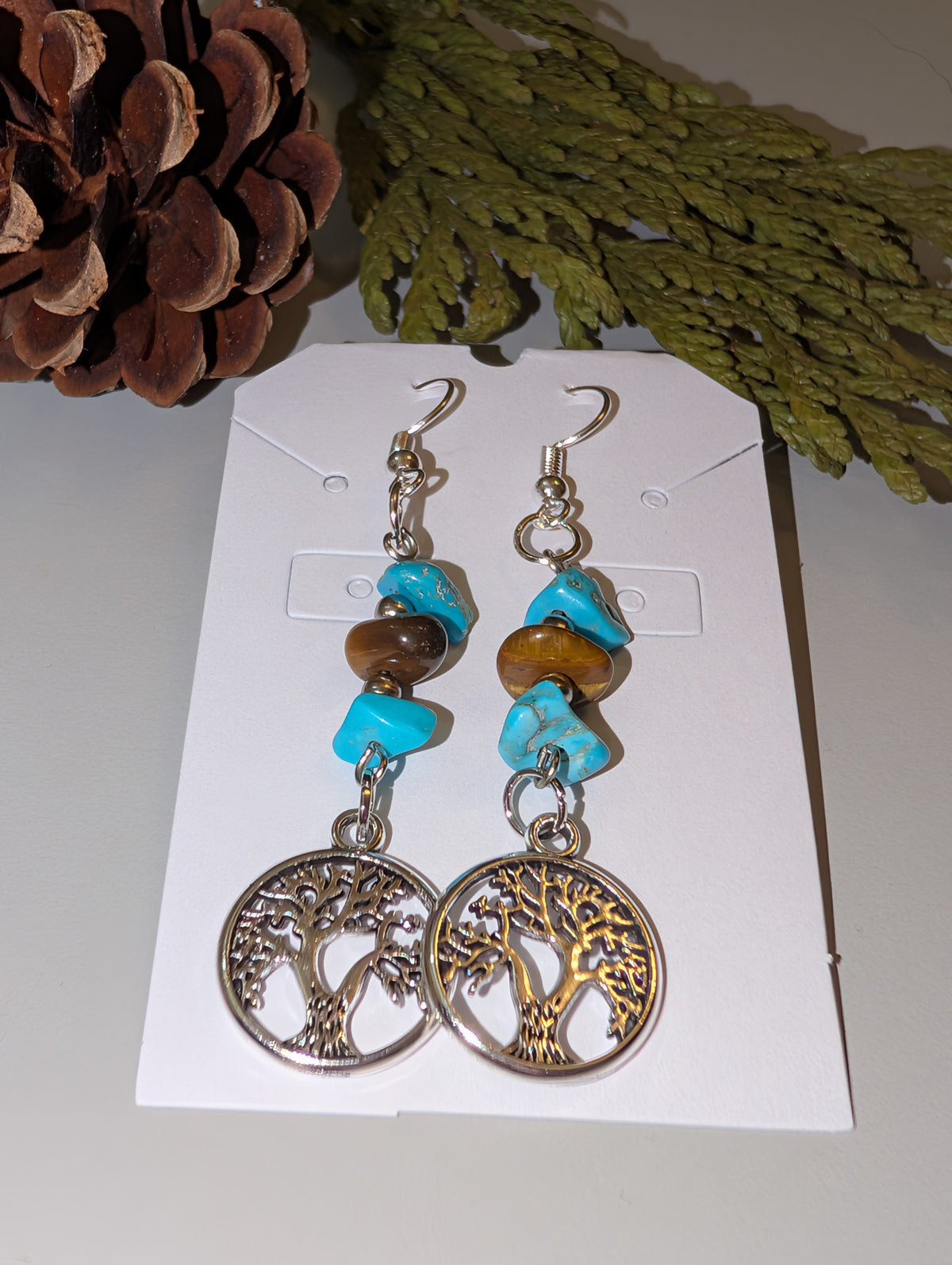 Earth and Water Turquoise and Tiger Eye Tree of Life Dangle Earrings