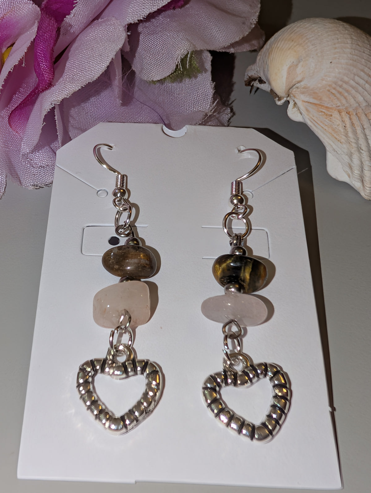Tiger's Eye & Quartz Heart Dangle Earrings