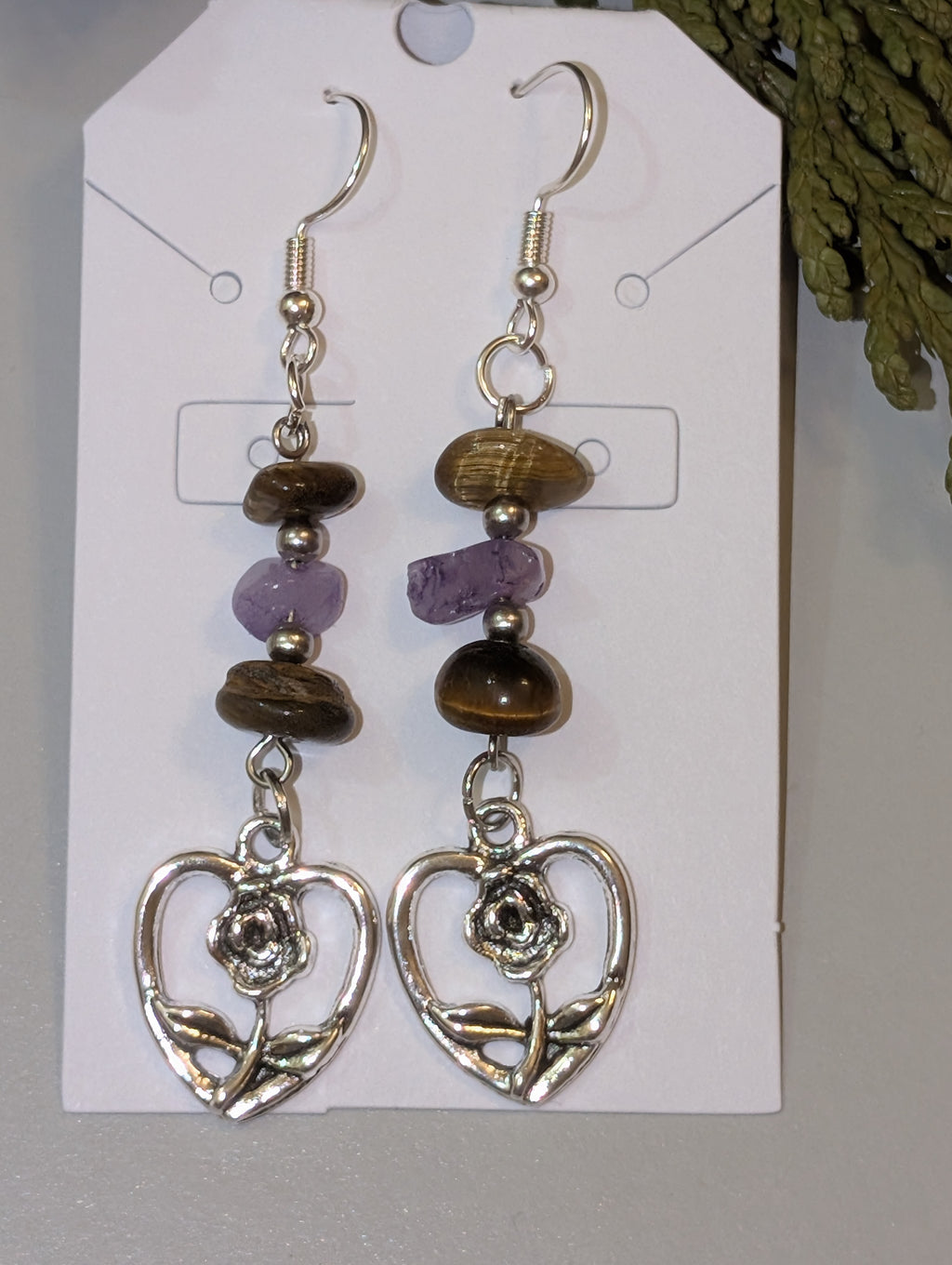 Lavender Fall Tiger Eye Rose Heart Dangle Earrings