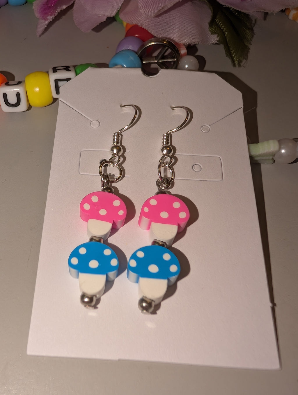 Hippie and Rave Twin Mushroom Pink and Blue Earrings
