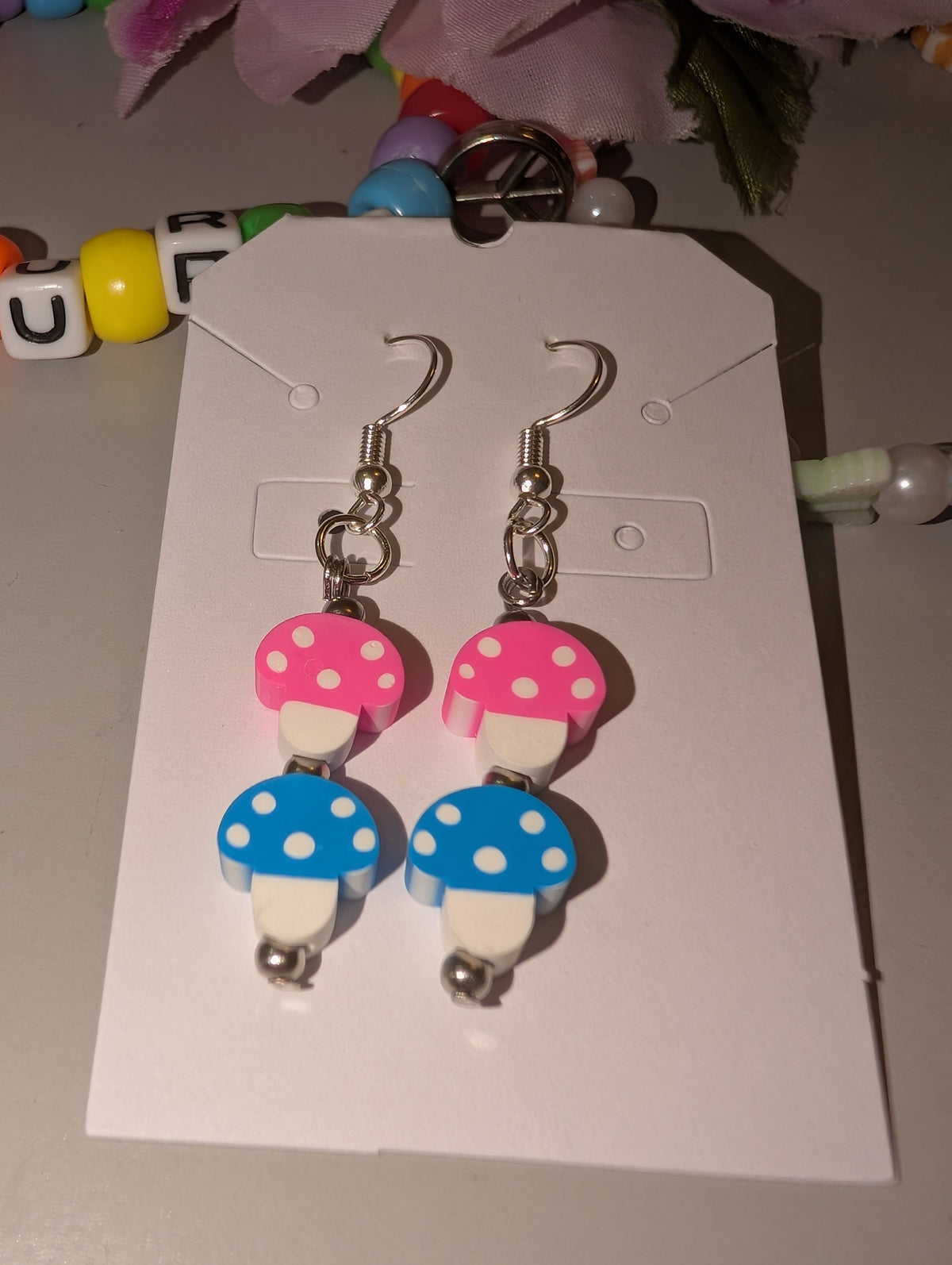 Hippie and Rave Twin Mushroom Pink and Blue Earrings