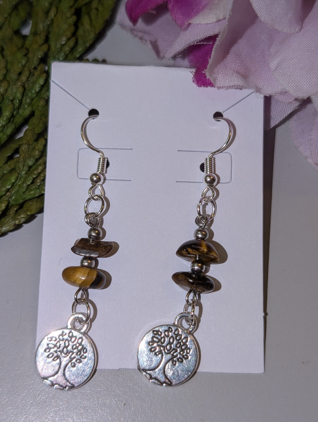 Tree of Life Tigers Eye Dangle Earrings