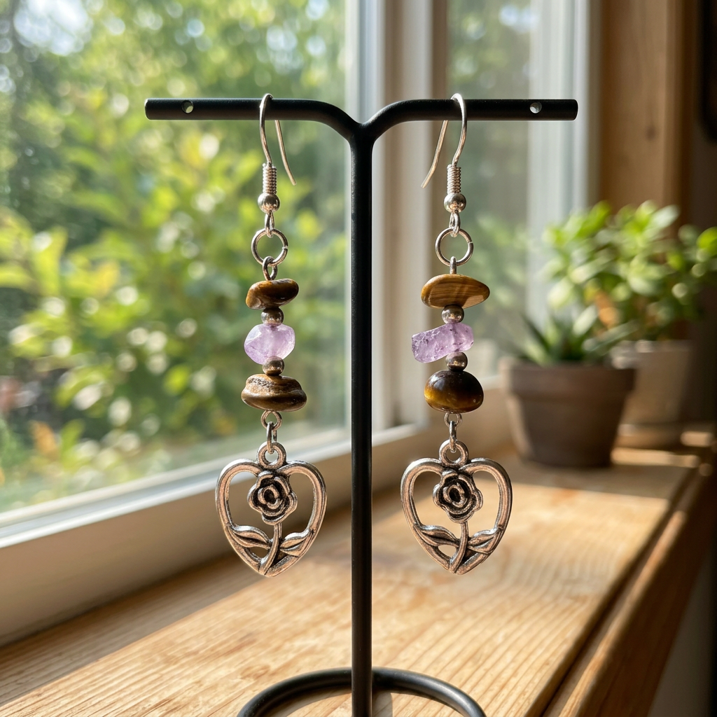 Rose Heart earrings hanging on a jewelry stand