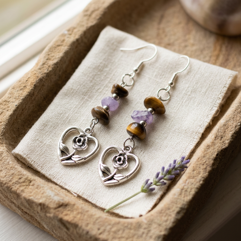 Rose Heart earrings on ivory linen and sandstone