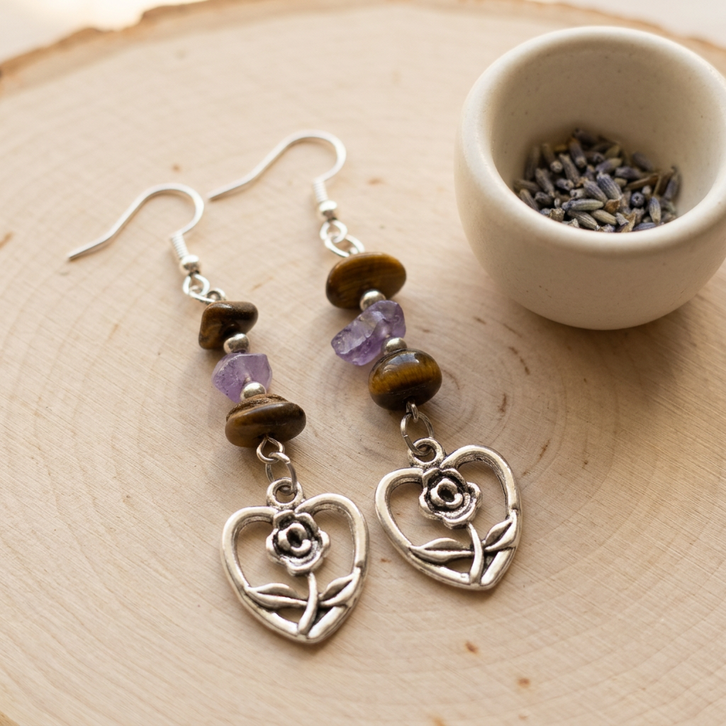 Rose Heart earrings styled on natural wood