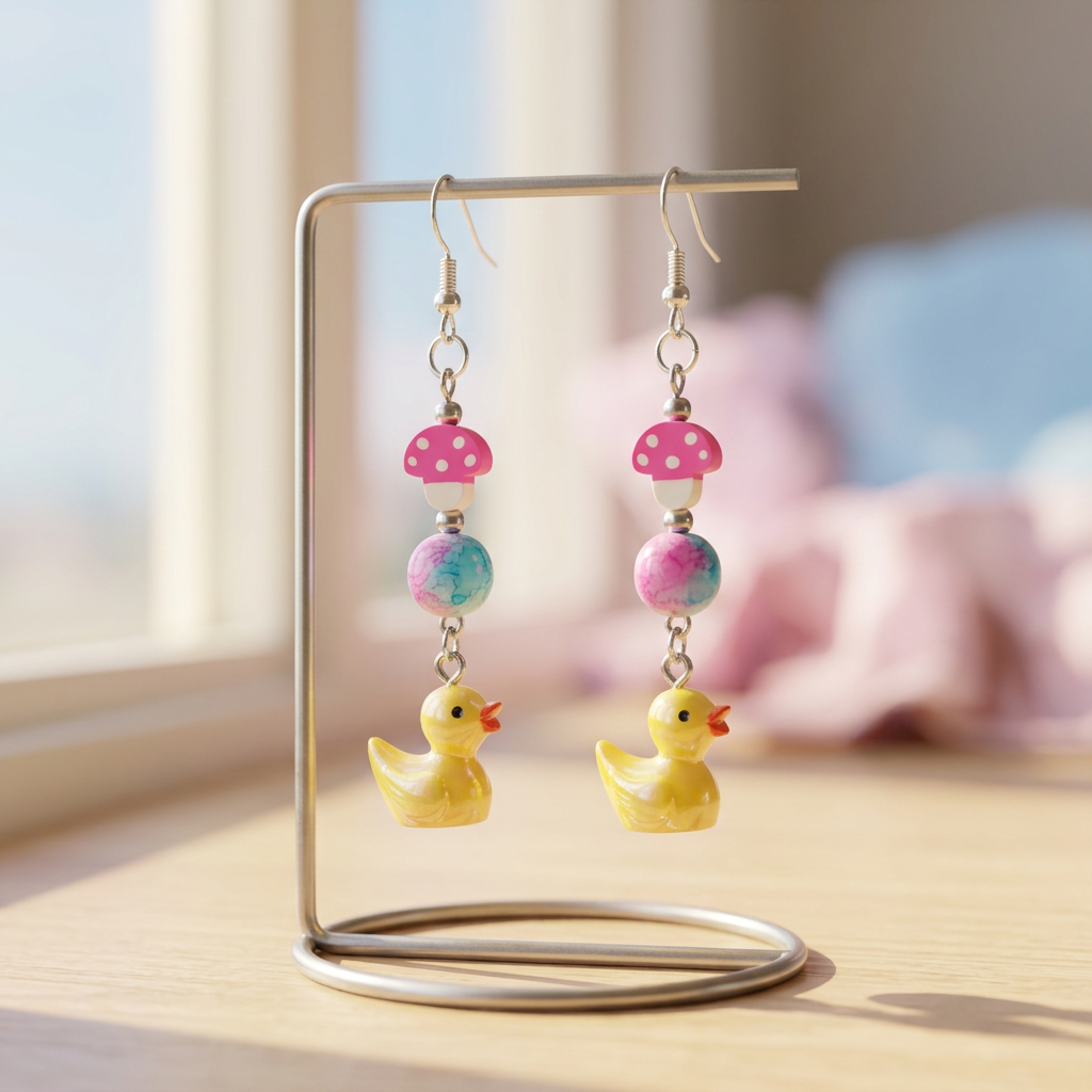 Rubber Duckies earrings hanging on a jewelry stand