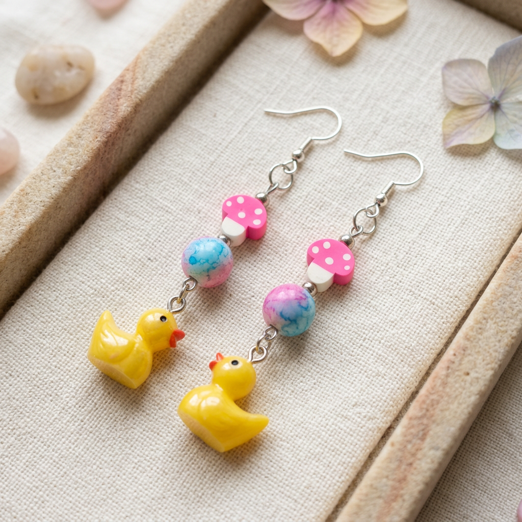 Rubber Duckies earrings on ivory linen and sandstone