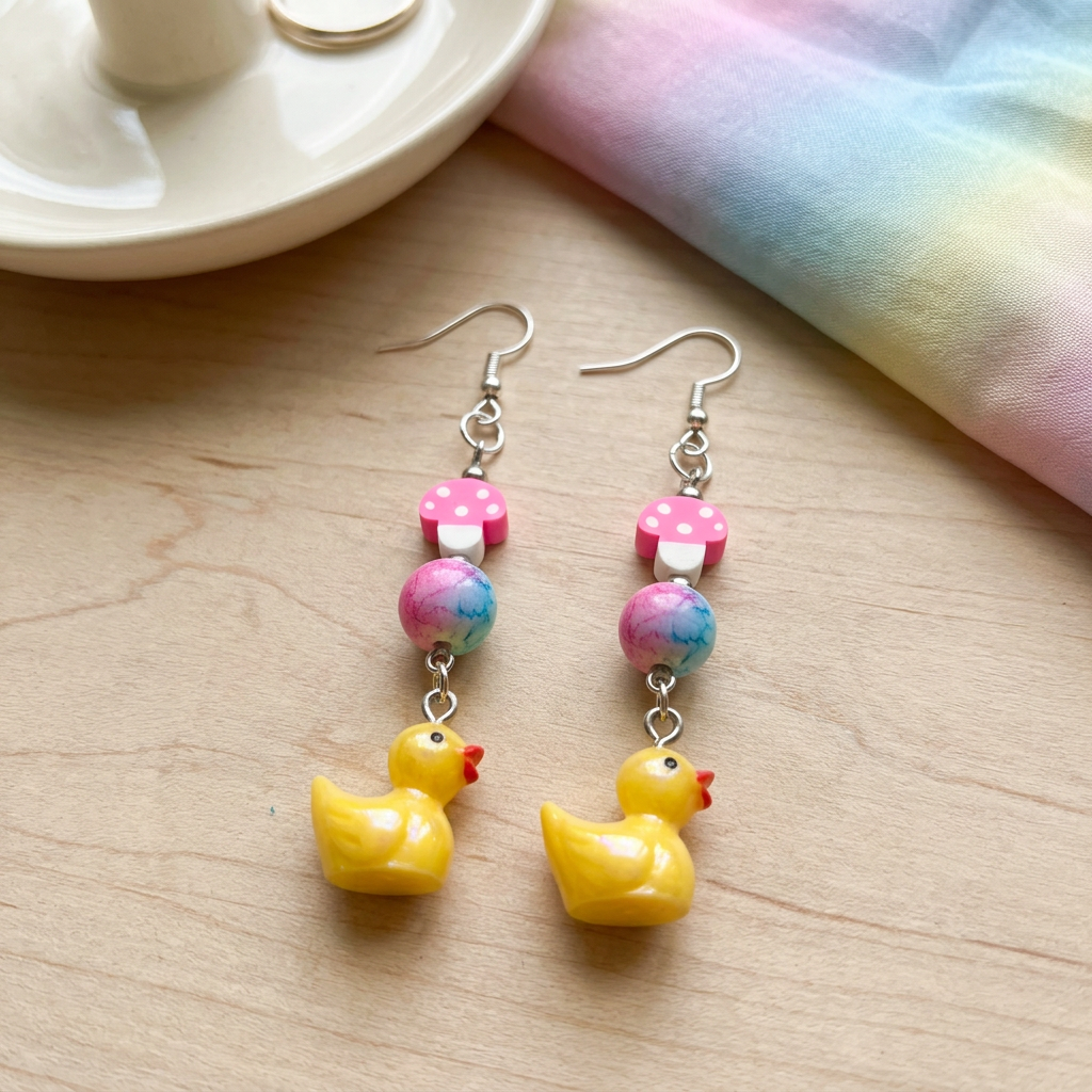Rubber Duckies earrings styled on natural wood