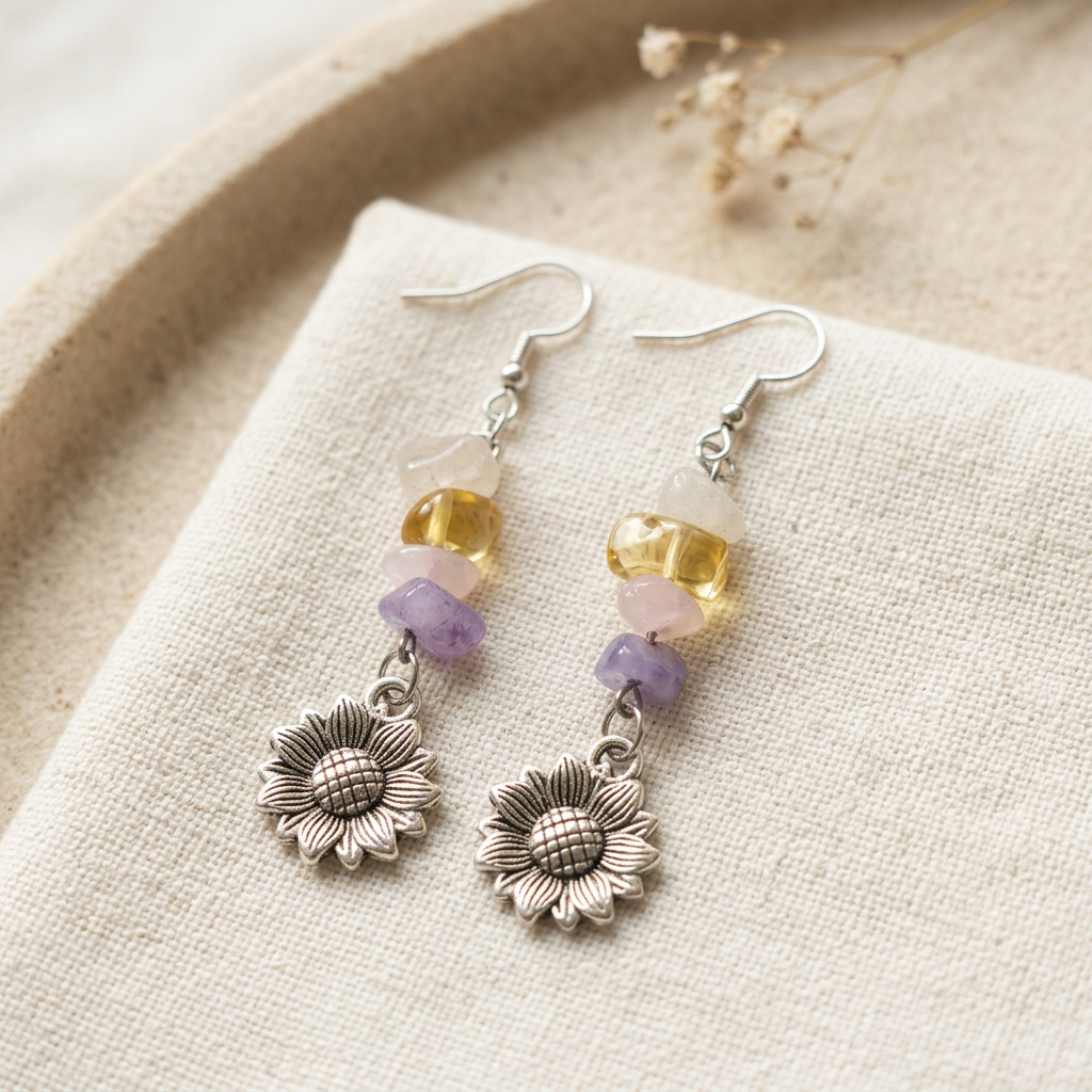 Sunflower earrings styled on ivory linen and a sandstone tray