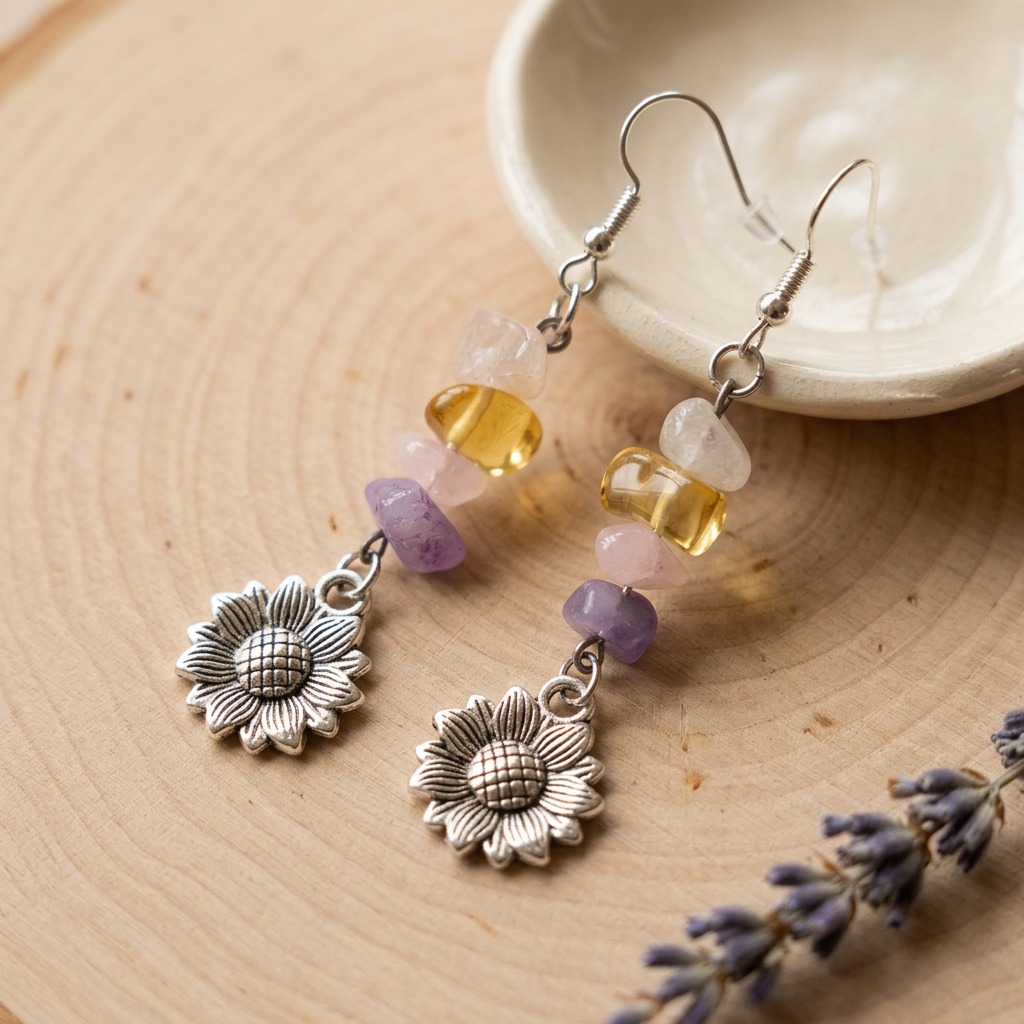Sunflower earrings styled on natural wood