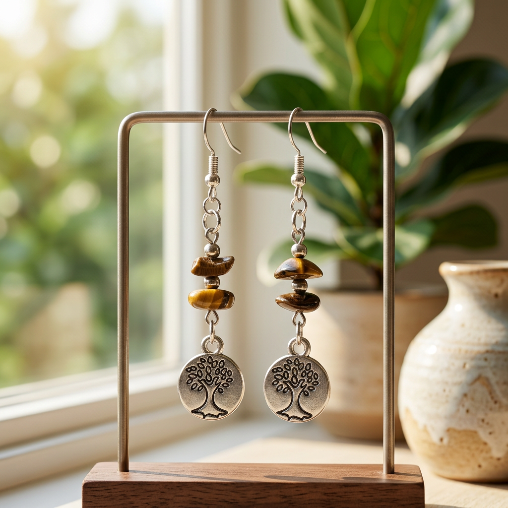 Tree of Life earrings hanging on a jewelry stand