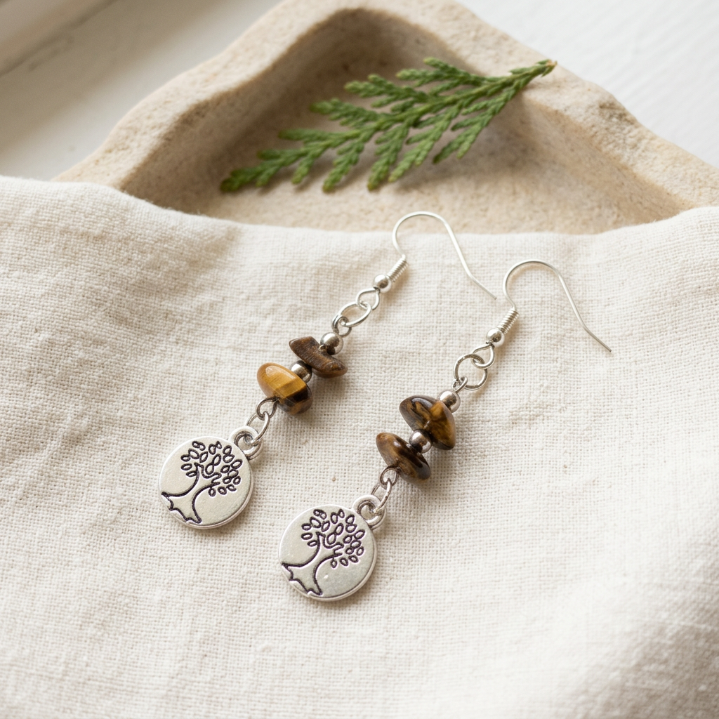 Tree of Life earrings on ivory linen and sandstone