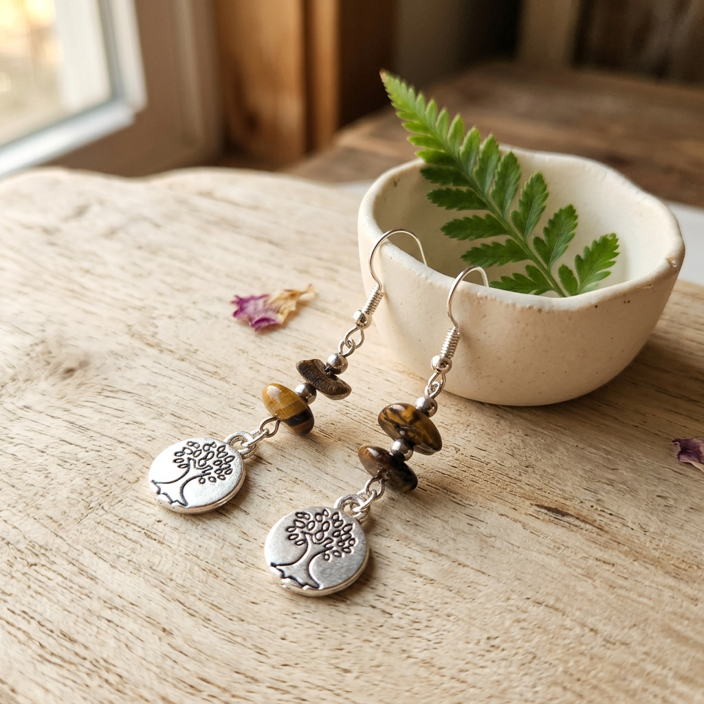 Tree of Life earrings styled on natural wood