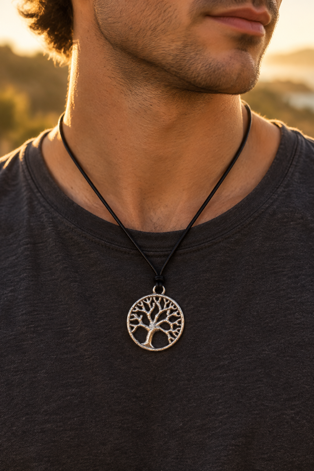 Tree-of-life necklace worn with a dark casual shirt