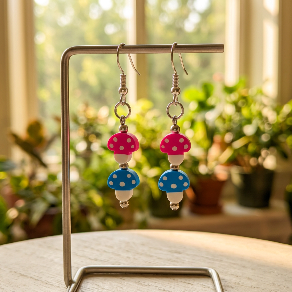 Twin Mushroom earrings hanging on a jewelry stand