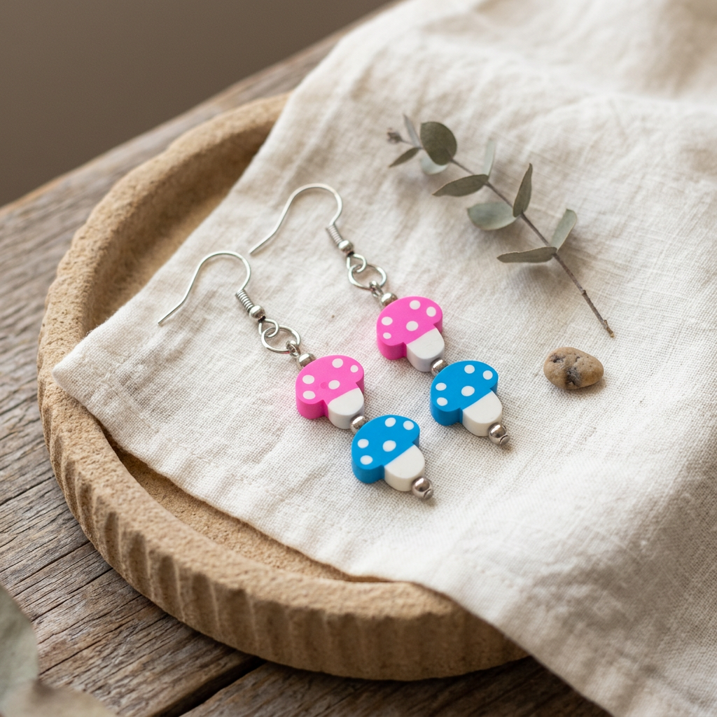 Twin Mushroom earrings on ivory linen and sandstone