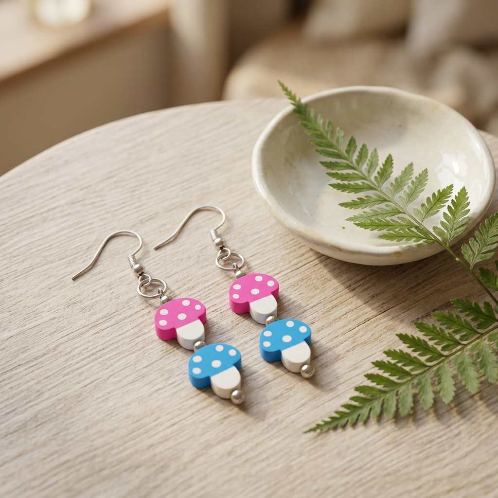 Twin Mushroom earrings styled on natural wood