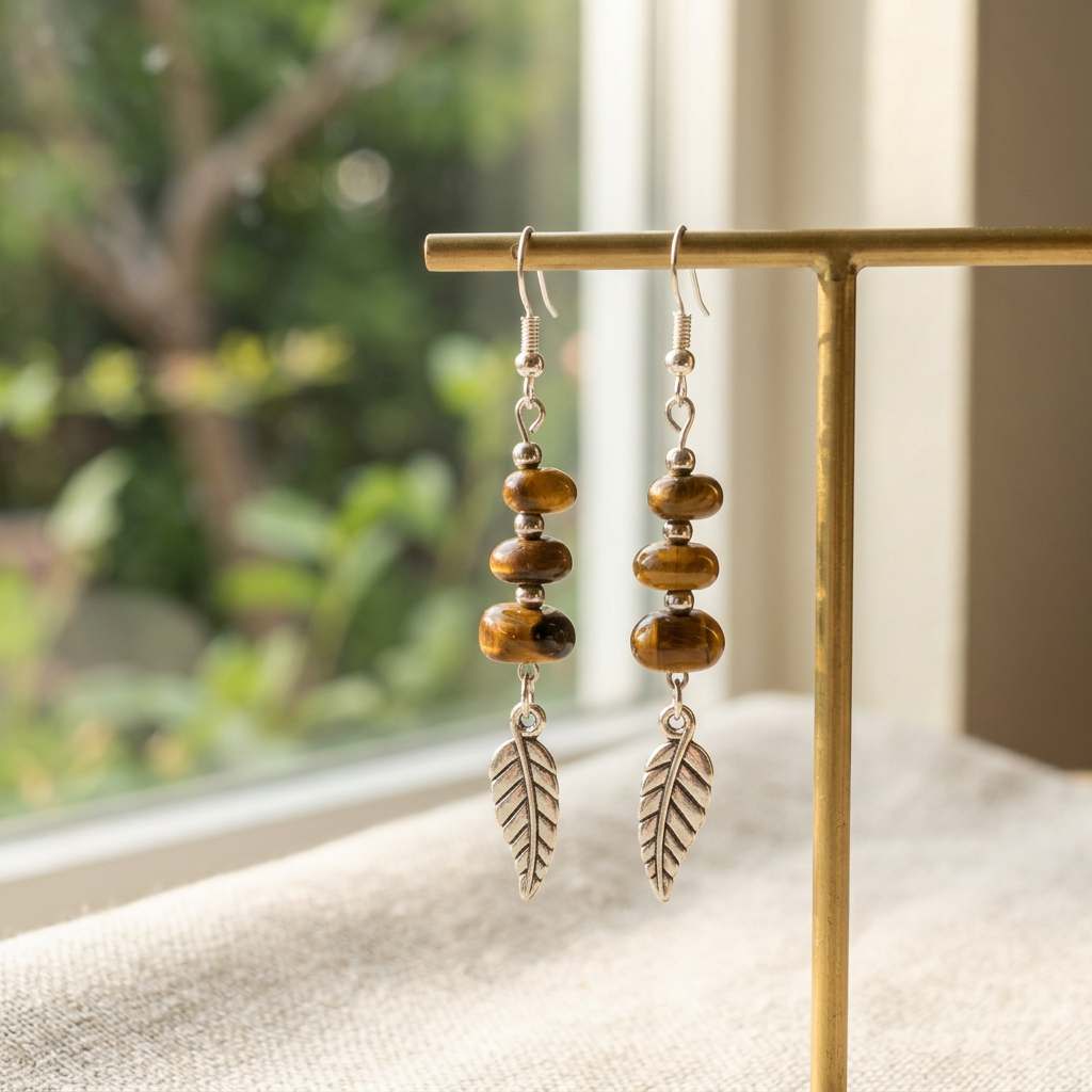 Woodland Feathers earrings on a jewelry stand