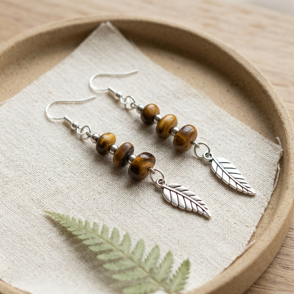 Woodland Feathers earrings on ivory linen